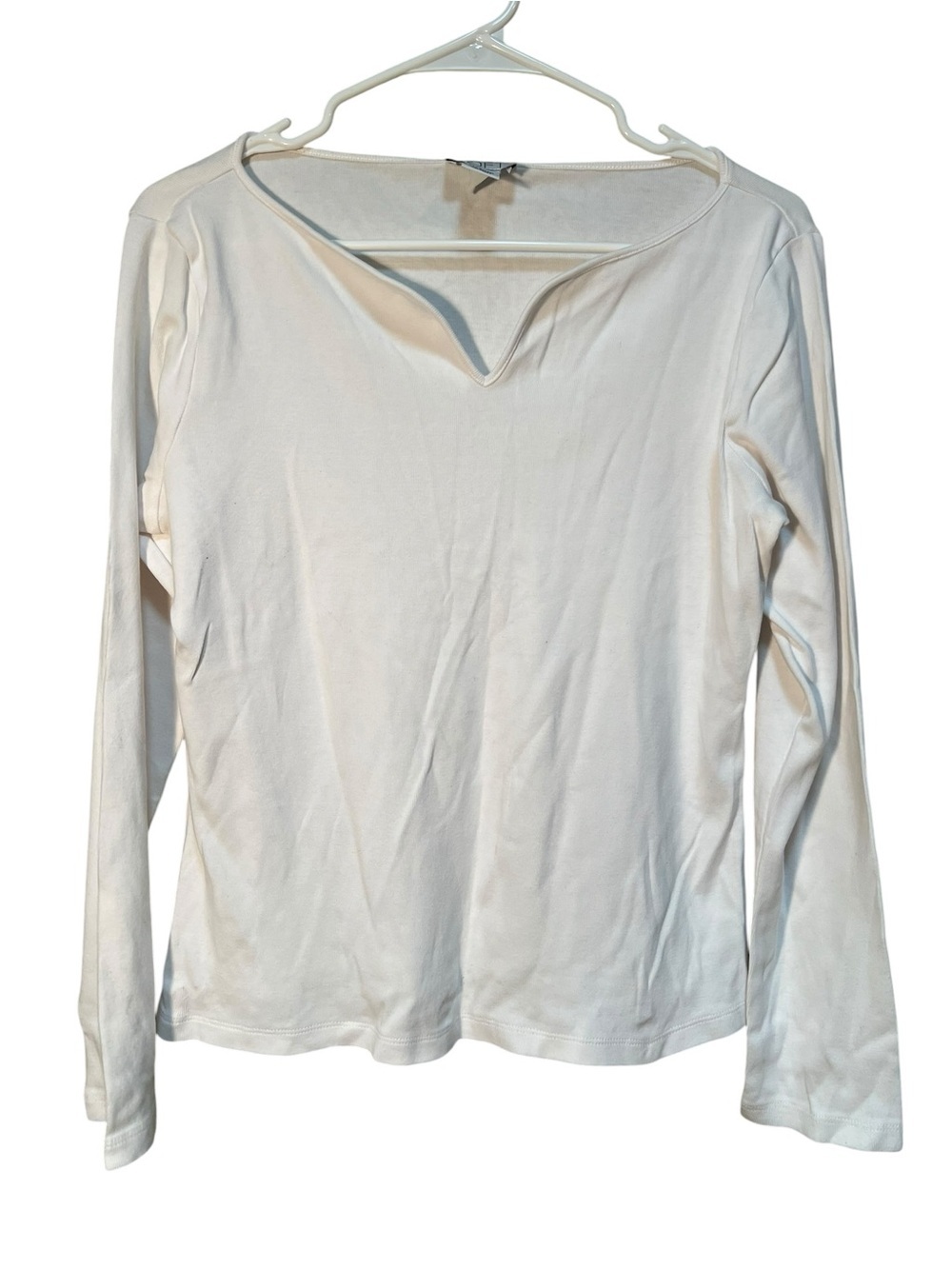 Vintage Loft Women's Size Large Long Sleeve T-Shirt White Notch Neck 100% Cotton